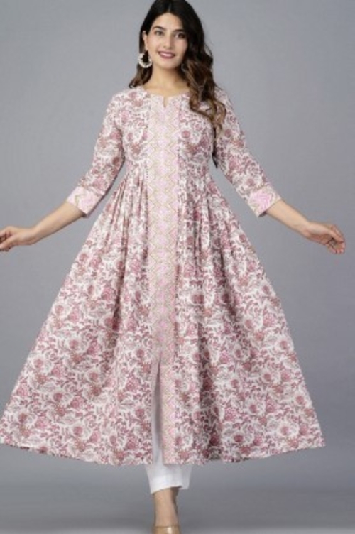 Floral Printed Pleated Anarkali Cotton Kurta (SIZE-S)