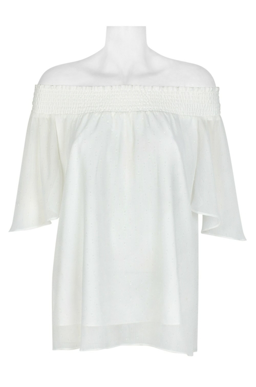 T Tahari Elastic Top Clutter Shoulder Solid Chiffon Top