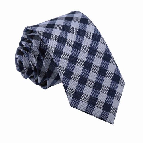 Gingham Check Slim Tie - Navy Blue