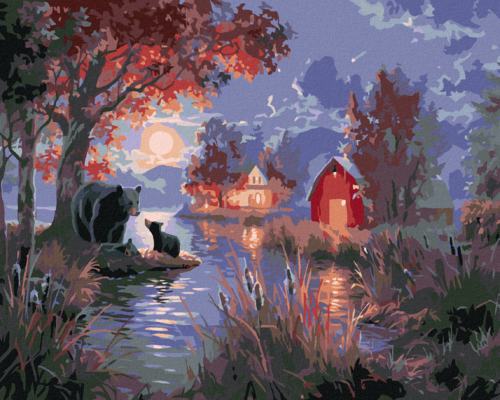 Paint by Numbers - BEAR WITH CUBS AT THE LAKE, FARM AND MOON (ABRAHAM