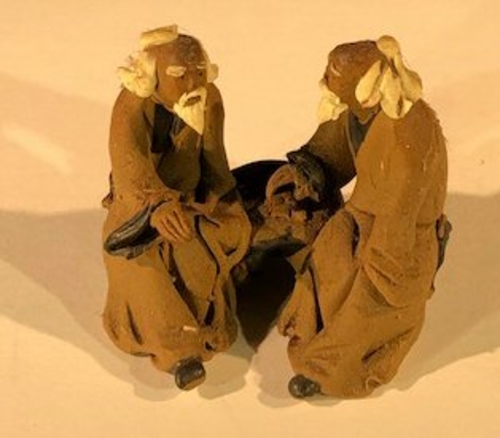 Miniature Ceramic Figurine Two Men Sitting on Bench - 2" Unglazed