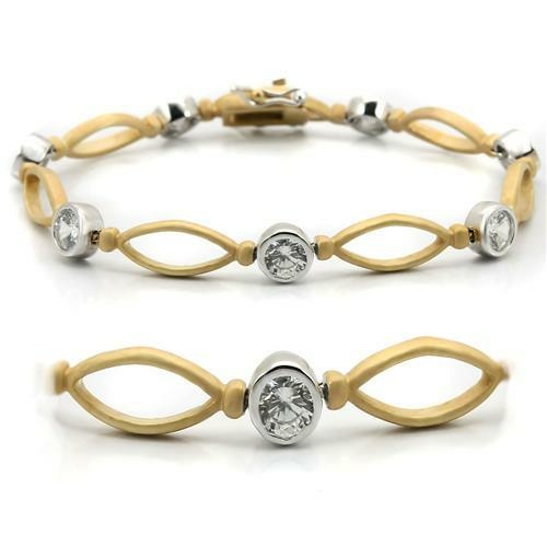 Women Matte Gold & Rhodium Brass Bracelet with AAA Grade CZ in Clear -