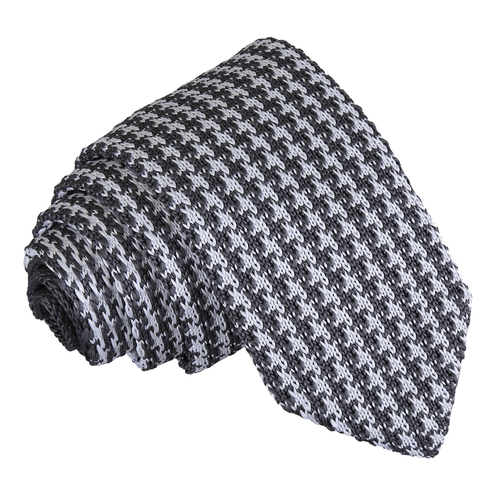 Houndstooth Knitted Slim Tie - White & Grey