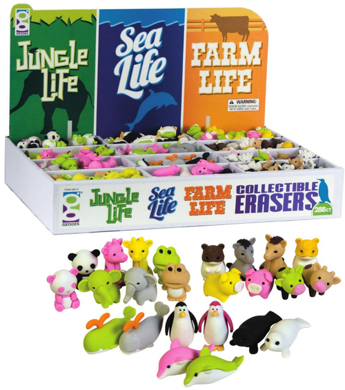 Jungle, Sea and Farm Life Erasers - 288 Count, Display included