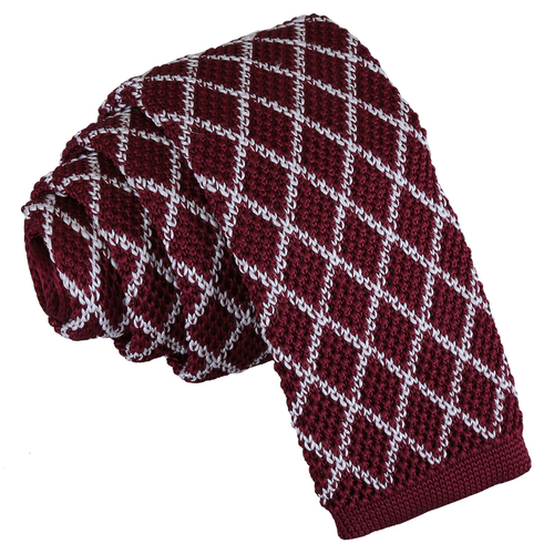 Diamond Grid Knitted Skinny Tie - White & Burgundy