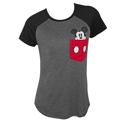 Disney 46049-Small Mickey Mouse Womens Grey Pocket Sized T-Shirt - Sma