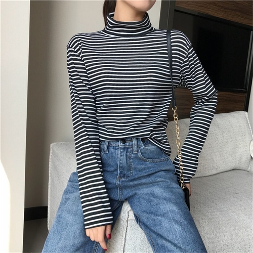 Women Striped T Shirt Turtleneck Long Sleeve Sweet