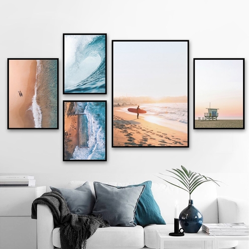 Sea Beach Wave Girl Surfboard Landscape Wall Art