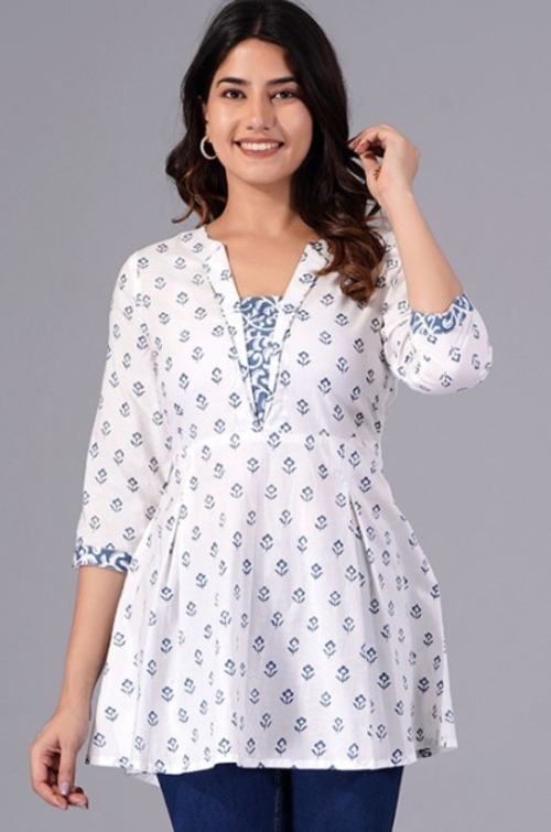 Ethnic Motifs Printed Cotton Tunics (SIZE-L) (COLOR-WHITE)