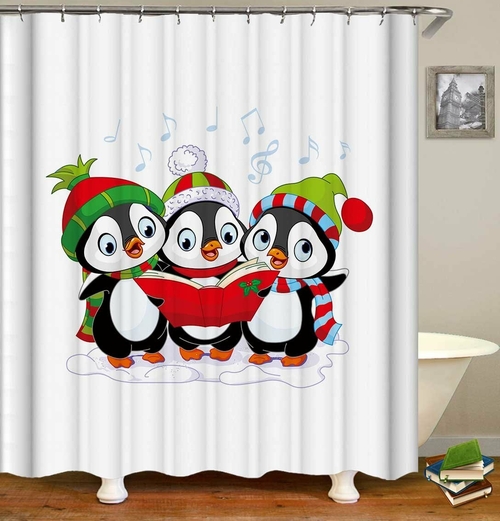 Penguins Christmas Band Shower Curtain