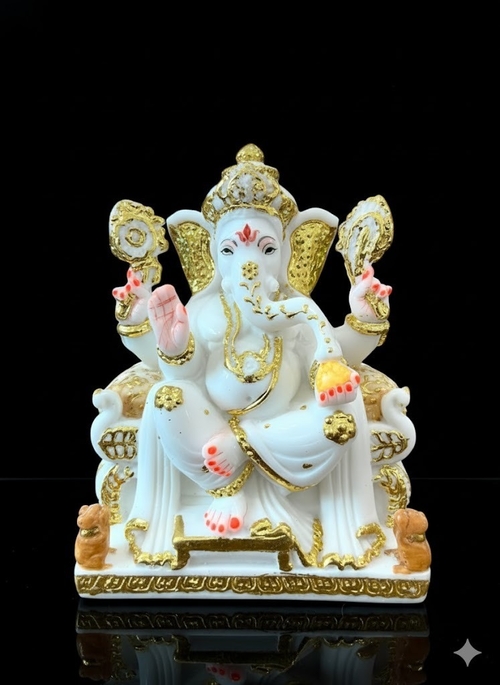 Main Elegant Lord Ganesha Idol – White & Gold Finish image