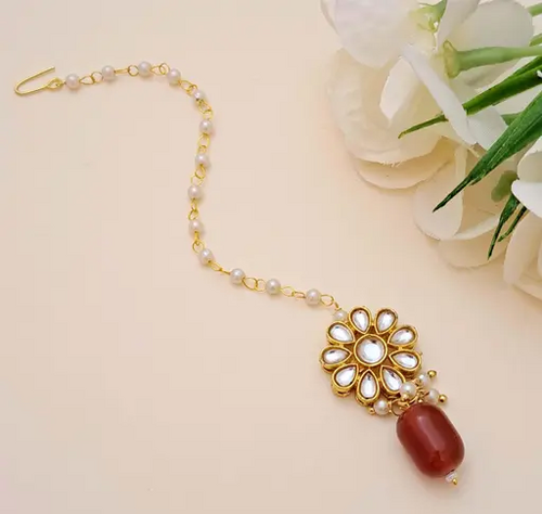 Maroon Flower Style Cute Kundan Maangtikka For Girls And Women