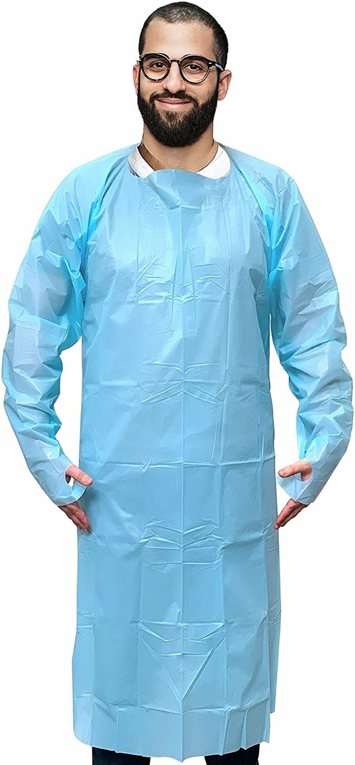 10 Pack Blue CPE Coat Aprons 35" x 60". Disposable Polyethylene