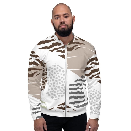 Mens Bomber Jacket White/taupe Geometric Print
