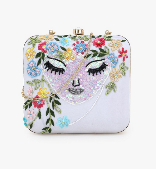 Women White & Pink Embellished Clutch