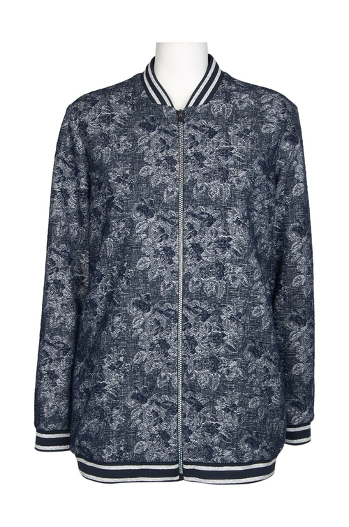 T Tahari High Collar Zipper Front Long Sleeve Multi Print Tweed Jacket