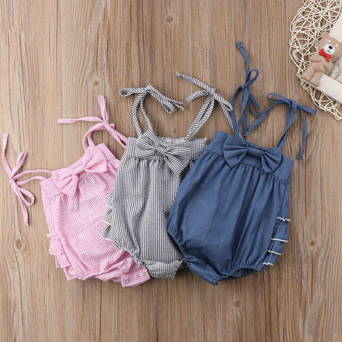 Sleeveless Straps Bow Stripe Newborn Toddler