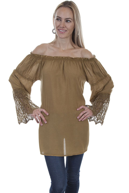 Crochet Sleeves Blouse, Mustard - Large