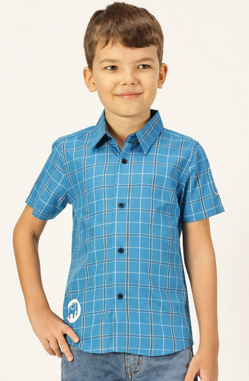 Boys Premium Spread Collar Windowpane Checked Cotton Casual Shirt