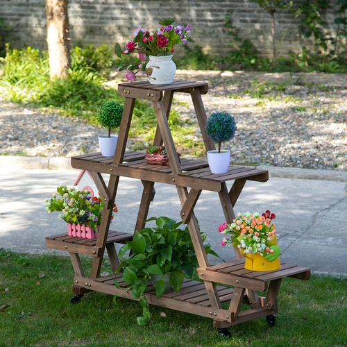 Outsunny 57'' x 14'' x 41'' Wooden 4 Tier Plant Shelf with Wheels