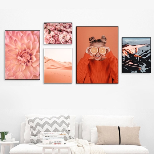 Girl Pink Flower Desert Mountain Wall Art Canvas