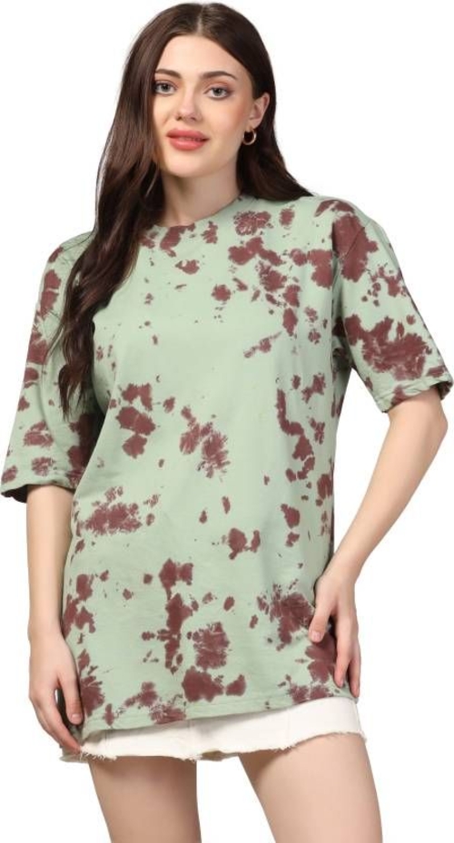 Women Tie & Dye Round Neck Pure Cotton T-Shirt (Size-L) (Color-GREEN)