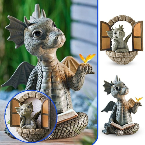 Cute Little Dragon Dinosaur Meditation Reading Book Sculpture Figure