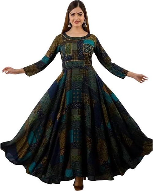 Women's Rayon Floral Printed Full Length Anarkali Gown 3/4 Sleeve