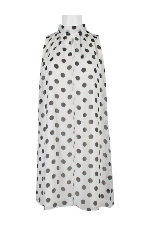 London Times High Neck Ruched Neck Sleeveless Tie Back Polkadot Print