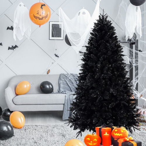 7.5ft Pre-Lit Black Christmas Tree, Full Halloween Xmas Artificial