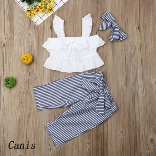3PCS Toddler Kids Baby Girls Vest Tops+Stripe Bow