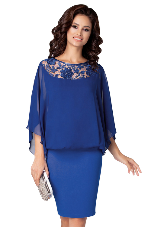 Cobalt Blue Crochet Lace Detail Elegant Poncho Dress