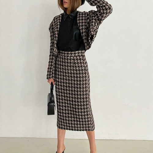 Elegant houndstooth fitted skirt suits Two-piece casual plaid women