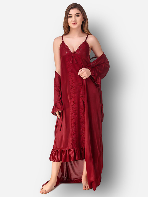 Romaisa Women's Satin Solid Maroon Maxi Length Nighty with Robe