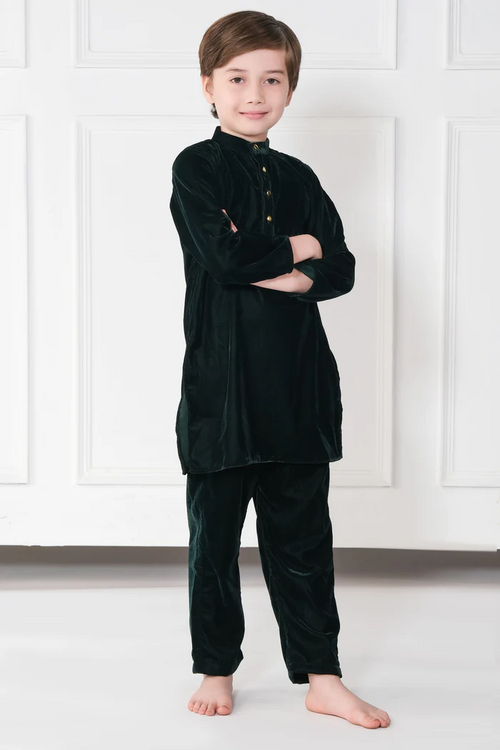BOYS FULL VELVET KURTA PANT SET (SIZE-6-7yr) (COLOR-DARK GREEN)