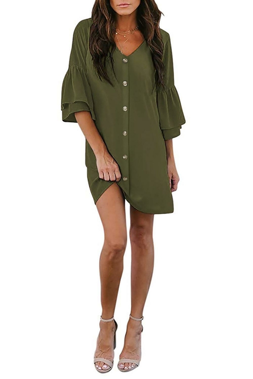 Green V Neck Buttoned Bell Sleeve Shift Shirt Dress