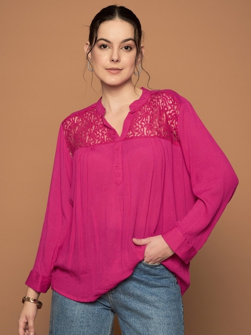 Women Floral Lace Trim Crinkled Rayon Solid Tunic (Color Pink) (Size