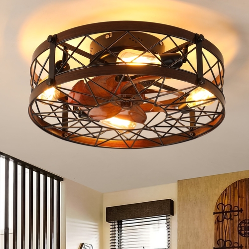 Caged Ceiling Fans with Lights Black, 20 inch Flush Mount Ceiling Fan