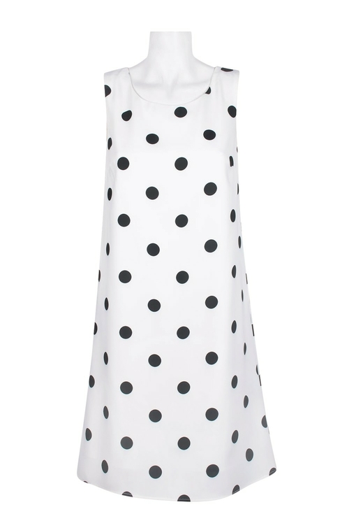 Carre Noir Scoop Neck Sleeveless Pleated Polka Dot Print Crepe Shift