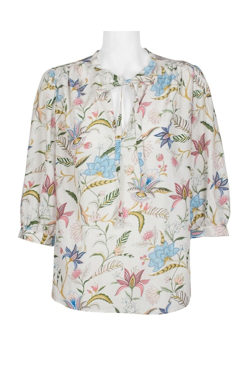 Tucker Tie Neck 3/4 Sleeve Floral Print Silk Cotton Top