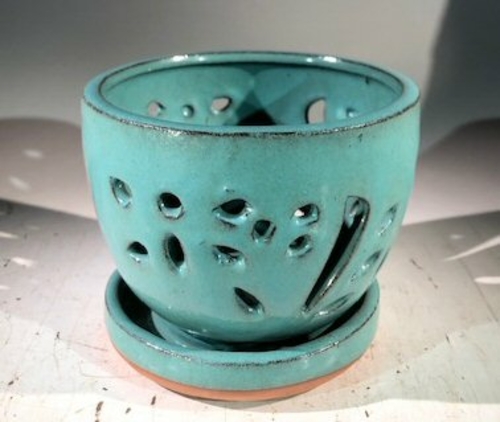 Light Blue Ceramic Orchid Pot - RoundWith Attached Humidity Drip