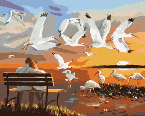 Zuty - Paint by Numbers - COUPLE ON A BENCH AND BIRDS FLYING (D. RUSTY