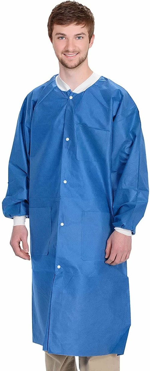 Disposable Lab Coats, 39" Long. Pack of 10 Blue Adult Work Gowns