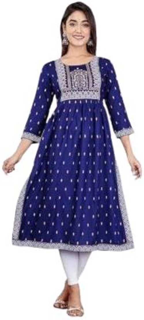 Women's Rayon Printed Nayra Cut Flared Kurta Kurti Round Neck Kurta