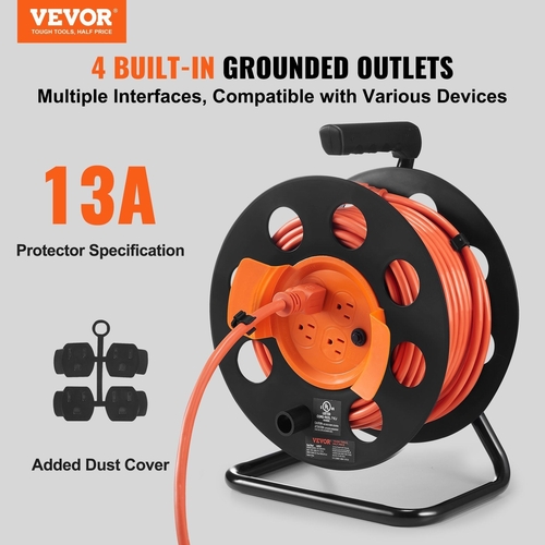 VEVOR Extension Cord Reel, 100FT, with 4 Outlets and Dust Cover, Heavy