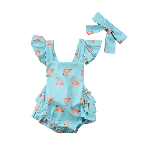 Cute Flamingo Ruffle Blue Newborn Baby Girl