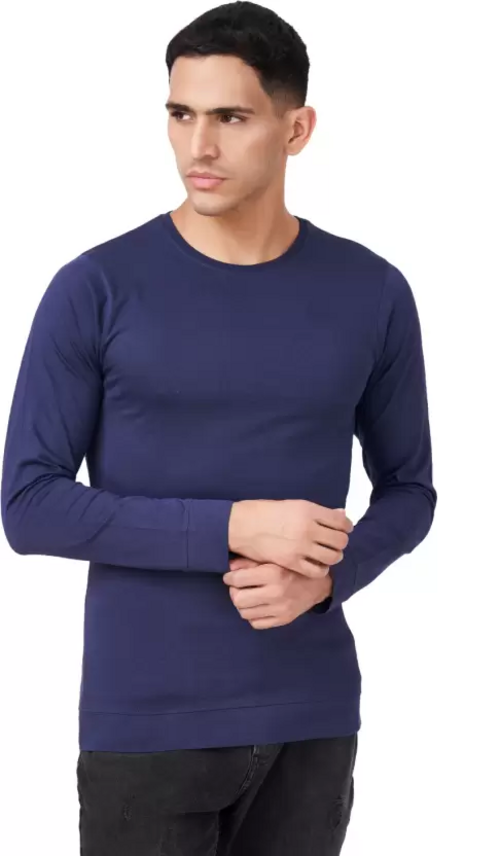 Men Solid Full Sleeves Round Neck Cotton Dark Blue T-Shirt (Size L)