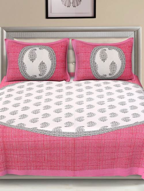 Pink  Color 100% Cotton Traditonal Double Bedsheet With 2 Pillow Cover