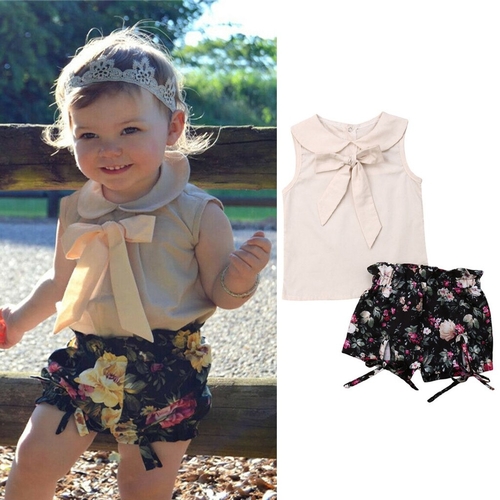 2019 New Toddler Girl Clothes Set Summer Bow Tie