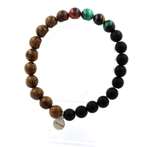 Malachite + Dream Agate + Matte Black Onyx + Wood Bracelet